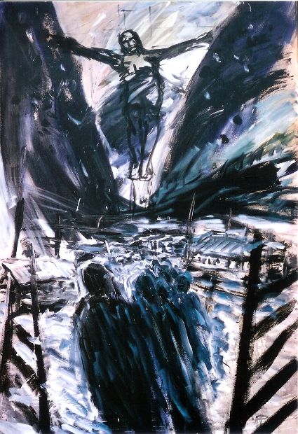 IM TAL DER VERZWEIFLUNG - Christus teilt die Welt-die Kälte bleibt, Öl auf Baumwolle, 200 x 130 cm